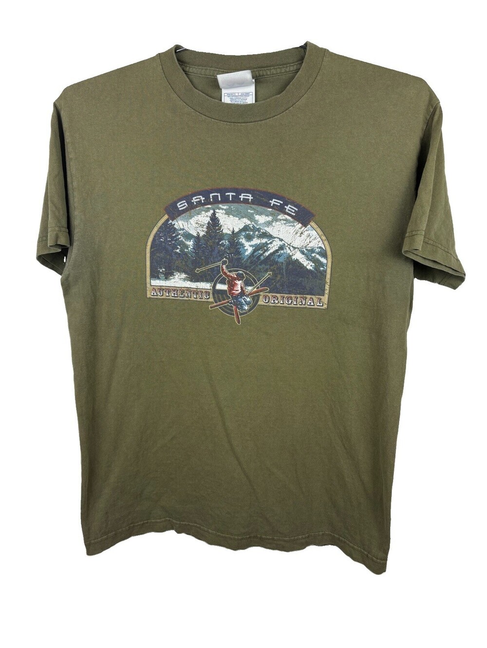 Vintage Santa Fe Ski Graphic T-Shirt Olive Green Size M Souvenir Tee